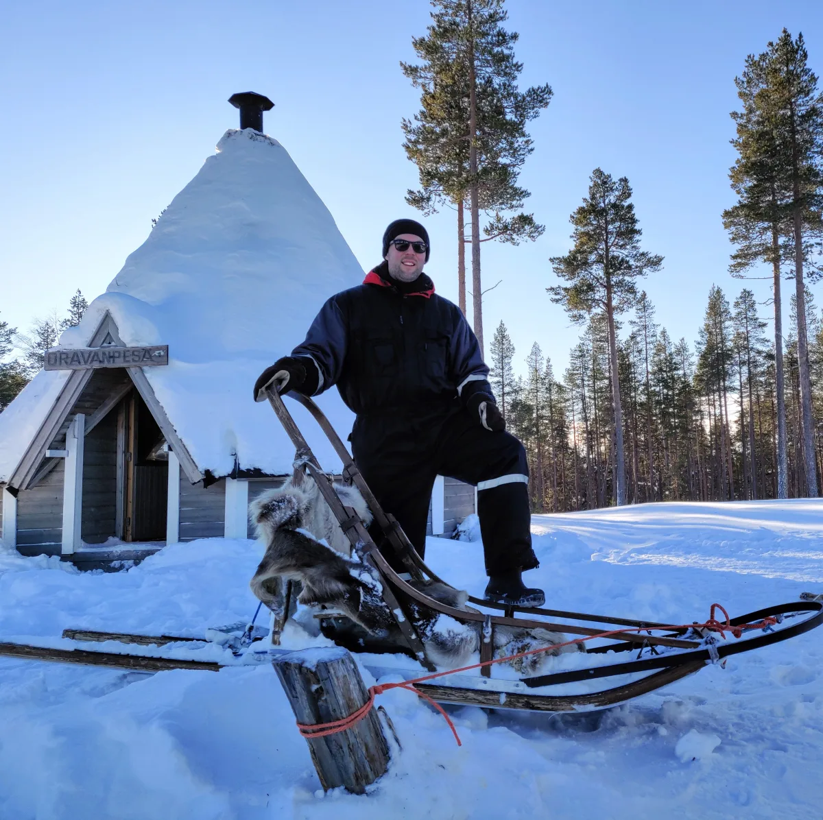 Paddi mit einem Rentierschlitten in Inari, Finnland / Paddi with a reindeer sled in Inari, Finland